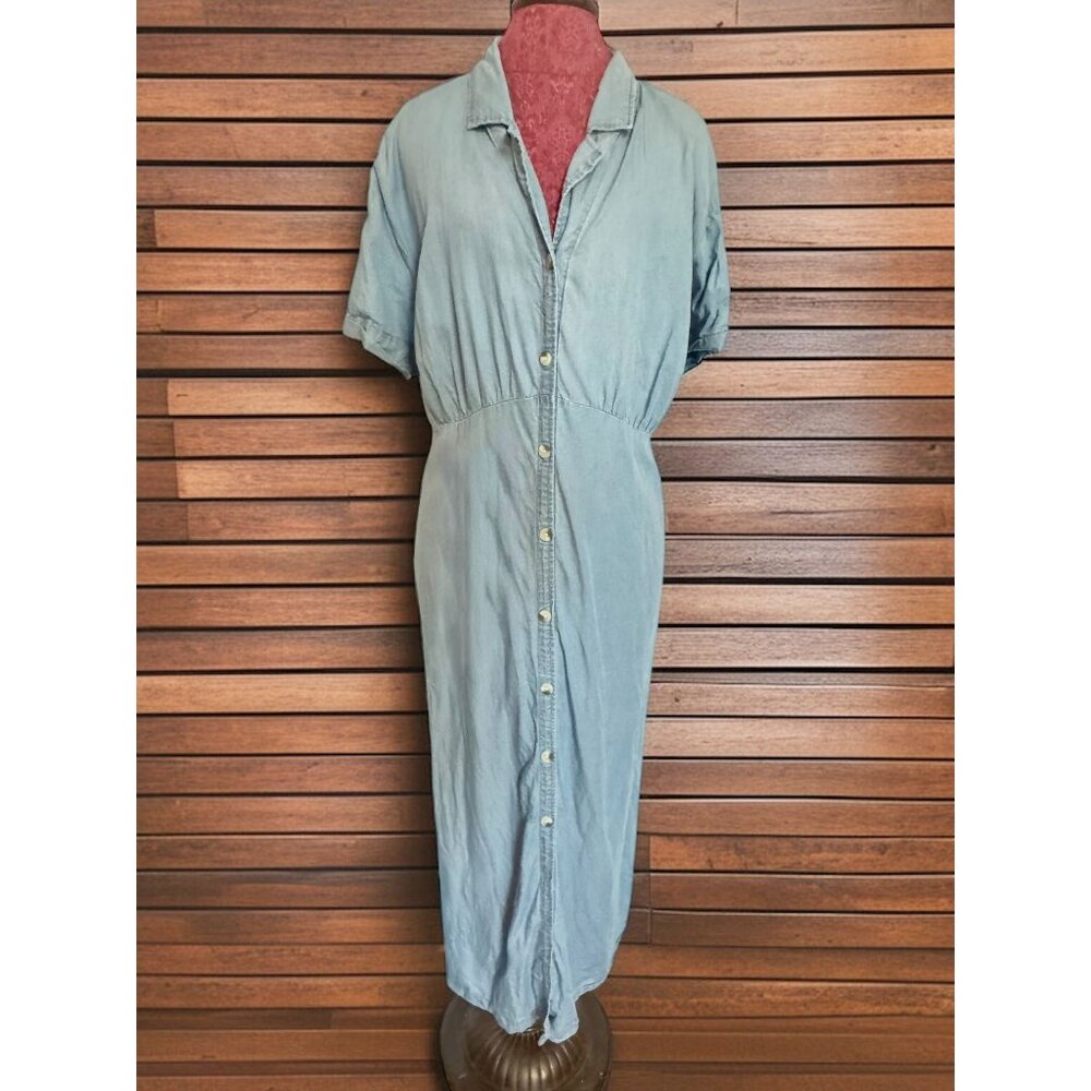 Terra & Sky Light Blue Button-Down Midi Dress With Short Sleeves & Elastic Waist